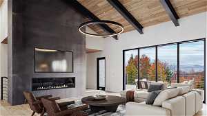 Living room with light hardwood / wood-style flooring, wooden ceiling, a fireplace, and a wealth of natural light