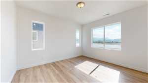 Unfurnished room with light hardwood / wood-style flooring and a water and mountain view