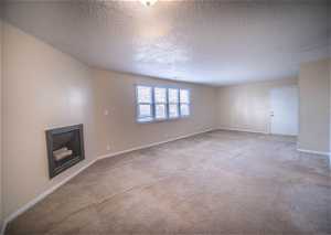Unfurnished living room featuring light colored carpet and a textured ceiling