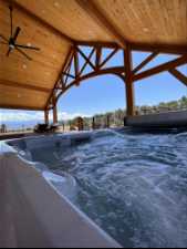 View of pool featuring a hot tub and ceiling fan