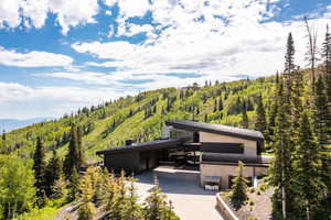 View of front of property featuring a forest view, concrete driveway, and a mountain view