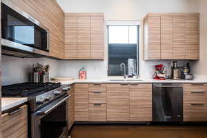 Kitchen with stainless steel appliances, a sink, modern cabinets, and light countertops