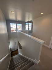 Staircase with lofted ceiling and carpet flooring