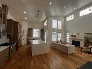 Kitchen featuring plenty of natural light, a center island, dark wood-type flooring, and high quality appliances