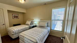 Carpeted bedroom featuring multiple windows