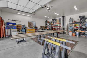 Garage with a garage door opener and a workshop area with old fashioned stove