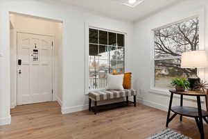 Sitting room featuring light hardwood / wood-style floors and a healthy amount of sunlight