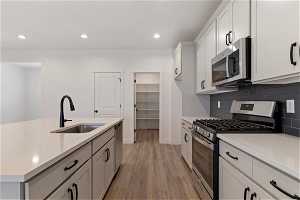 Kitchen with white cabinets, stainless steel appliances, backsplash, sink, and light wood-type flooring