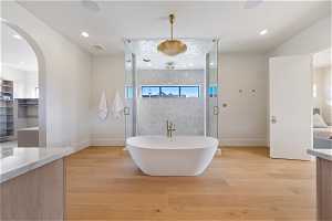Bathroom with wood-type flooring, vanity, and separate shower and tub