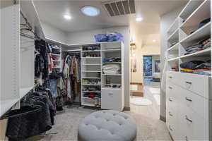 Spacious closet with light carpet