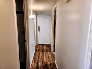 Hallway with dark hardwood / wood-style flooring and a textured ceiling