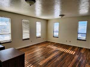 Unfurnished room with dark wood-type flooring, a wealth of natural light, and a textured ceiling