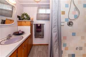 Bathroom with hardwood / wood-style floors and vanity with extensive cabinet space