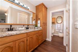 Master Bathroom with wood-type flooring, toilet, and dual bowl vanity