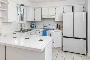 Kitchen with white cabinetry, white appliances, tile countertops, backsplash, and sink