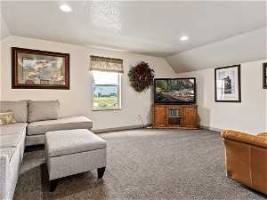 Carpeted living room with vaulted ceiling and a textured ceiling