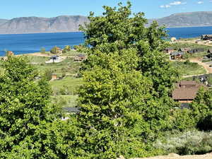 Aerial view with a water and mountain view