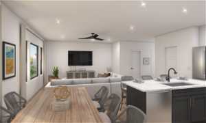 Rendering  of kitchen + dining + living space + powder bathroom from kitchen