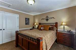 Guest bedroom with ornamental molding, large closet, and a textured ceiling