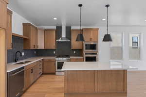 Kitchen with appliances with stainless steel finishes, sink, decorative light fixtures, decorative backsplash, and wall chimney exhaust hood