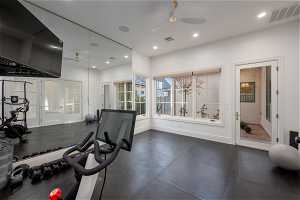 Workout room with ceiling fan