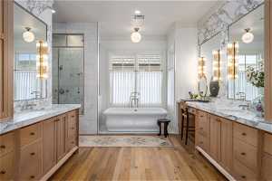Bathroom with vanity, a healthy amount of sunlight, independent shower and bath, and hardwood / wood-style flooring