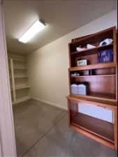 Giant owner closet in garage.  Clean shelves and extra storage.