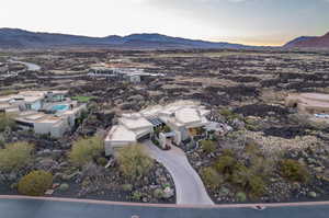 Aerial view at dusk with a mountain view