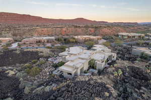 Aerial view at dusk with a mountain view