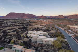 Aerial view at dusk with a mountain view