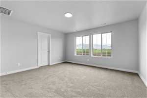 Unfurnished room featuring a mountain view and carpet floors