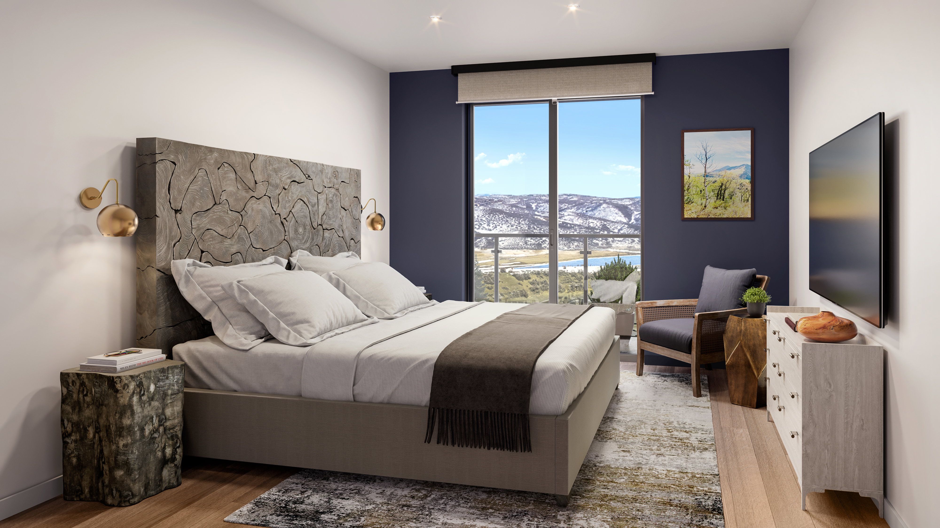 Bedroom with multiple windows and light hardwood / wood-style flooring