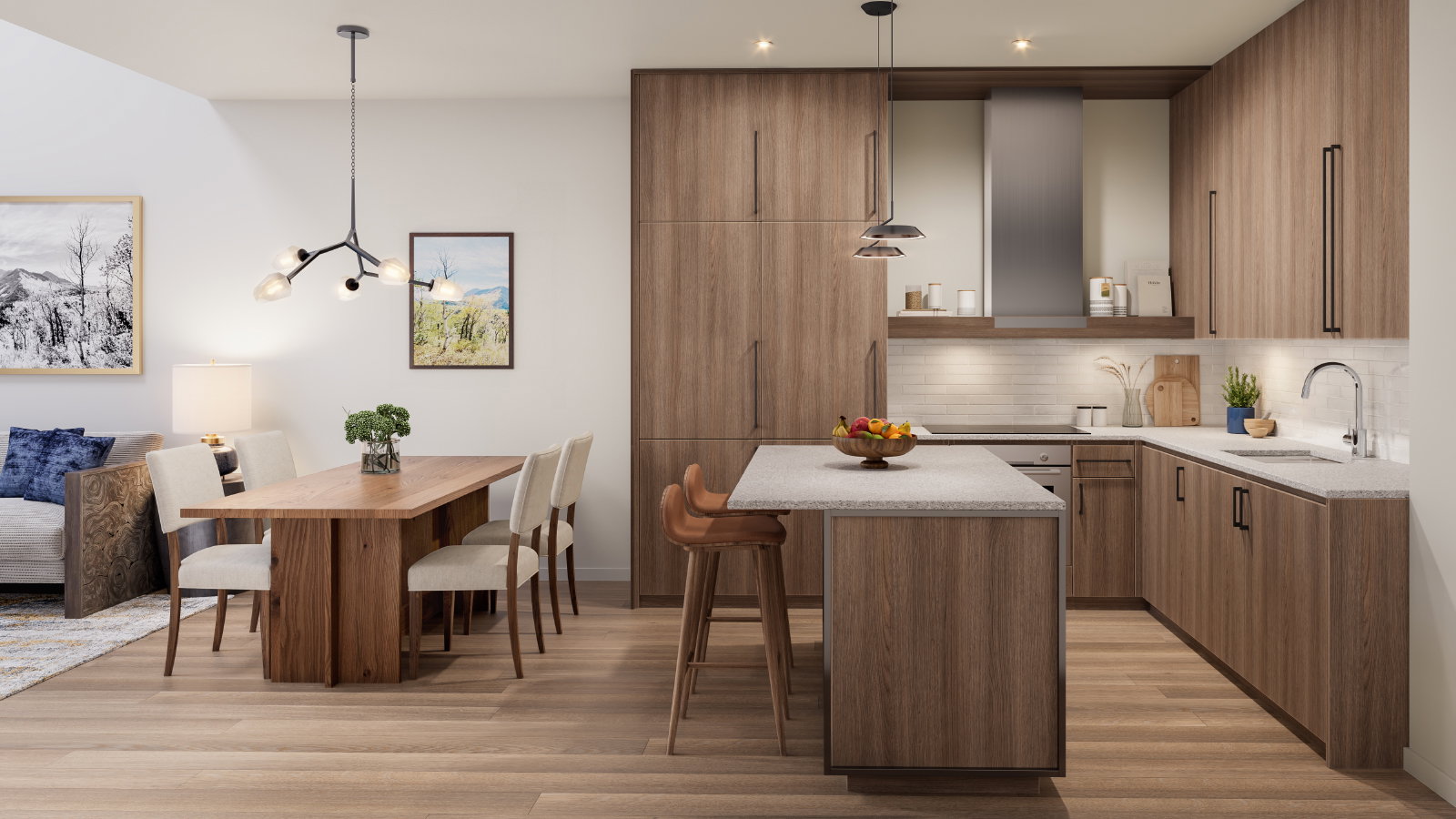 Kitchen featuring a breakfast bar, pendant lighting, light hardwood / wood-style flooring, and a center island