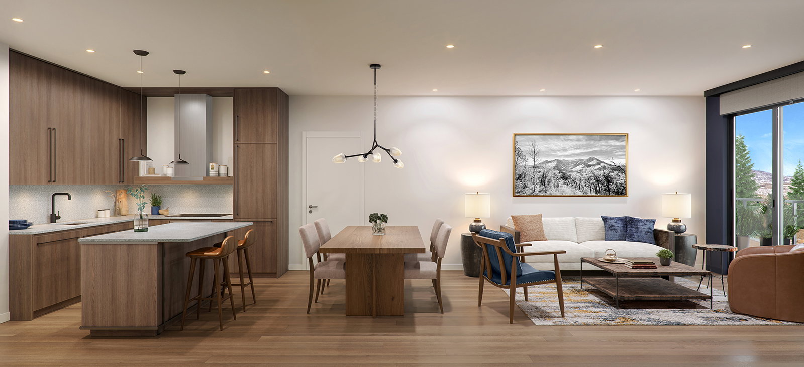 Living room with sink, light wood-type flooring, and a notable chandelier