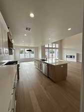 Kitchen featuring a sink, dishwasher, open floor plan, light wood-type flooring, and visible vents