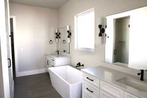 Bathroom featuring vanity and shower with separate bathtub