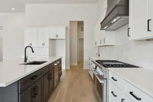 Kitchen featuring high end stove, a sink, backsplash, and custom exhaust hood