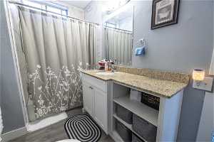 Bathroom featuring vanity and hardwood-style floors