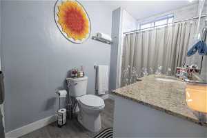 Bathroom with vanity, toilet, and hardwood-style flooring