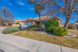 Single story home with a front yard and a garage