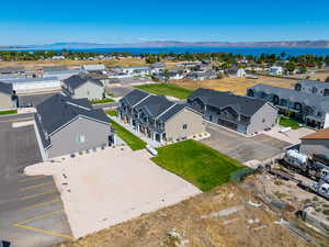Aerial view with a water and mountain view