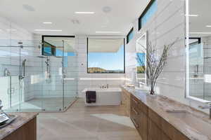 Bathroom featuring walk in shower, a healthy amount of sunlight, and dual vanity