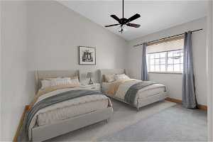 2nd bedroom with ceiling fan, lofted ceiling, featuring 1 queen and 1 full bed