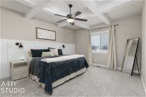 Master Bedroom featuring coffered, beamed ceiling, ceiling fan, and light carpet