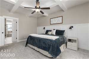 Bedroom featuring ceiling fan, light colored carpet, ensuite bathroom, coffered and beam ceiling
