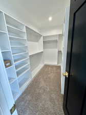 Walk in closet featuring light carpet