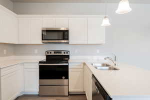 Kitchen featuring appliances with stainless steel finishes, sink, hardwood / wood-style flooring, and hanging light fixtures