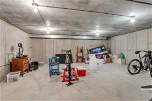 Basement storage under garage or future theater room.