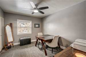 Carpeted office with ceiling fan and a textured ceiling