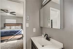 Bathroom featuring a wealth of natural light, vanity, and ceiling fan